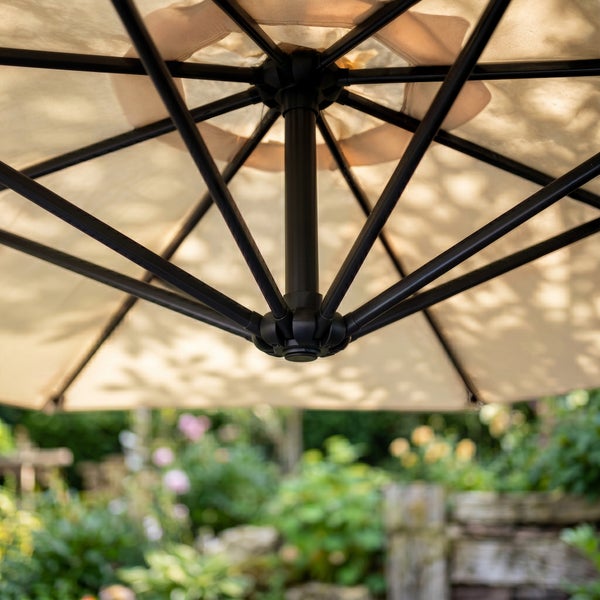 Unteransicht eines Sonnenschirms mit schwarzem Metallgestänge und hellem Stoffbezug in einem hellen Garten.