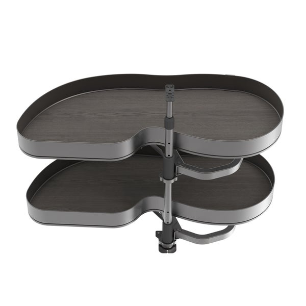 Eckschrank-Auszug mit zwei Etagen in Nierenform, Metallgestell und Regalböden in dunkler Holzoptik.