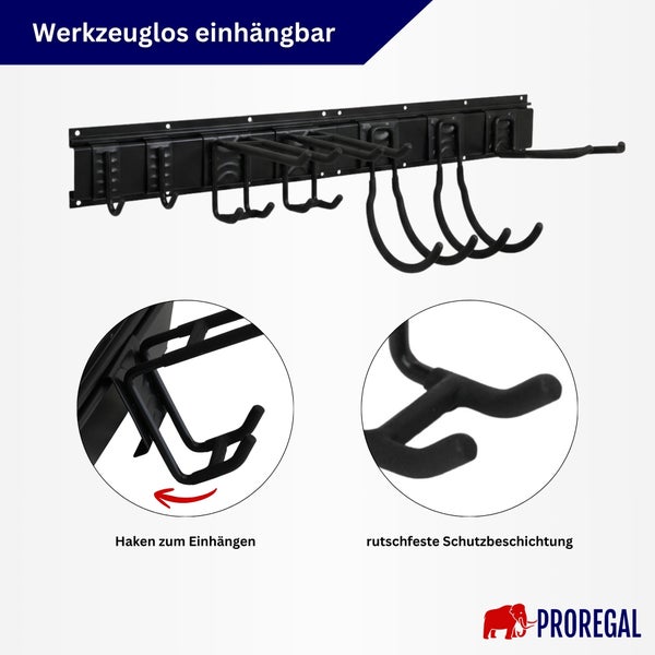Wandgeräteleiste mit werkzeuglos einhängbaren Haken und rutschfester Schutzbeschichtung von Proregal Logo.