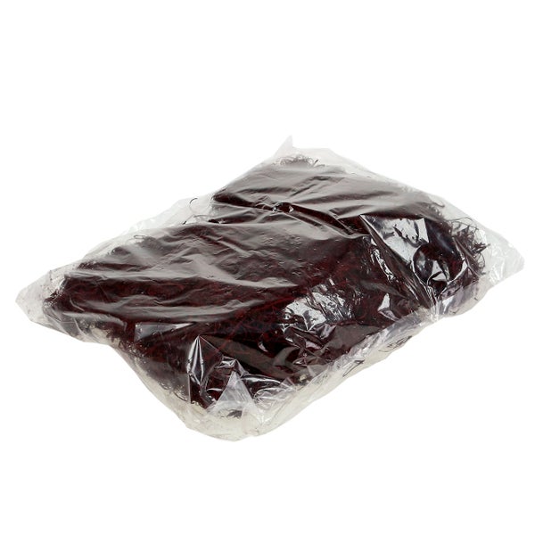 Dunkelrotes Dekomoos in einer transparenten Kunststoffverpackung für Bastel- und Dekorationsarbeiten.