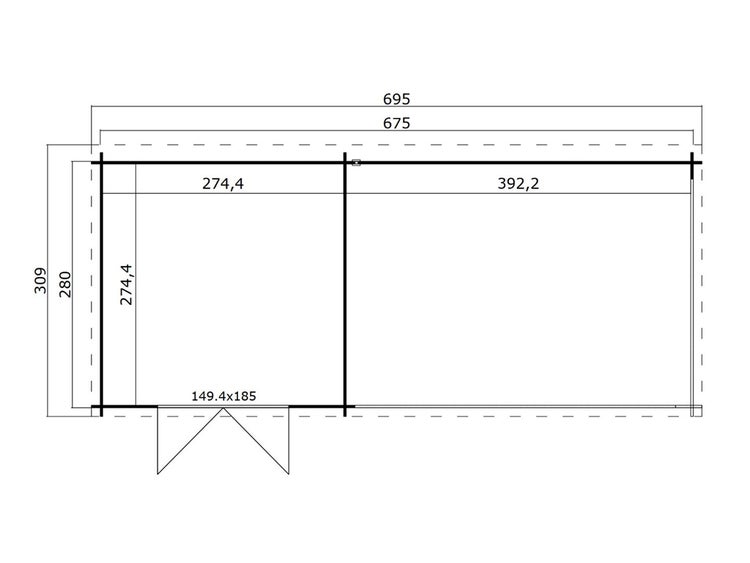 Technischer Grundriss eines Gartenhauses mit zwei Räumen, Gesamtbreite 695 Zentimeter und Gesamttiefe 309 Zentimeter.