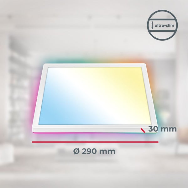 Quadratisches LED Panel in ultraflachem Design mit Abmessungen von 290 Millimeter und einer Höhe von 30 Millimeter.