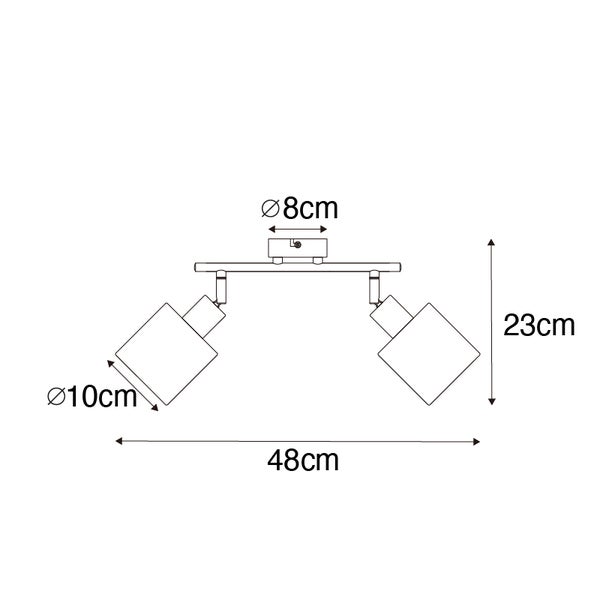 Maßzeichnung zweiflammiger Deckenstrahler: Breite 48 Zentimeter, Höhe 23 Zentimeter, Schirmdurchmesser 10 Zentimeter, Baldachin 8 Zentimeter.