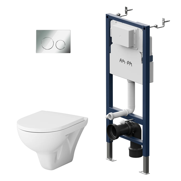 AM.PM Wand-WC Set Tiefspüler offener Spülrand weiß glänzend mit WC-Sitz , Vorwandelement und Betätigungsplatte chrom IIS90151.TA1700