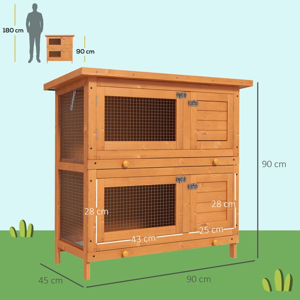 PawHut Kleintierstall Kleintierhaus mit Asphaltdach Zwergkaninchenstall doppelstöckig Meerschweinchenstall wetterbeständig Kleintierkäfig Tierstall für Outdoor Tannenholz 90 x 45 x 90 cm Gelb