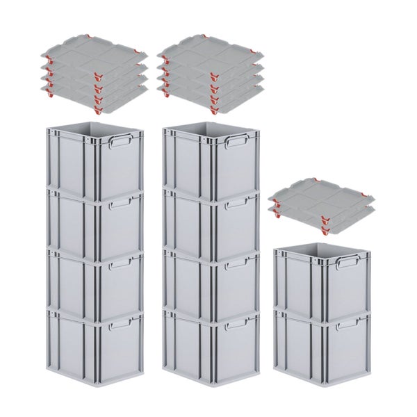 PROREGAL SparSet 10x Eurobox NextGen Grip mit Auflagedeckel mit 4 Roten Schiebeschnappverschlüssen HxBxT 32 x 30 x 40 cm 30 Liter