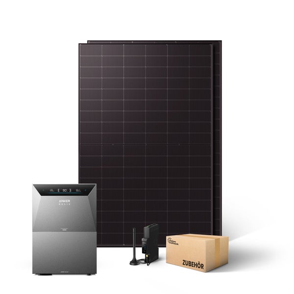 Balkonkraftwerk Komplettset bestehend aus zwei Solarmodulen, Anker Solix Speicher, Wechselrichter und Zubehörbox.