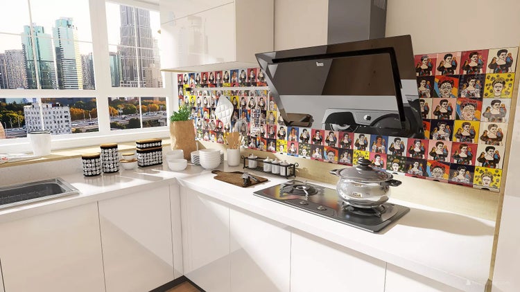 Helle Küche mit Dunstabzugshaube, Kochfeld und dekorativen Fliesen