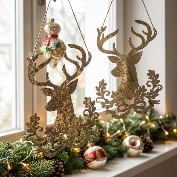 Zwei hängende Hirschfiguren aus Metall mit weihnachtlicher Dekoration vor einem Fenster.
