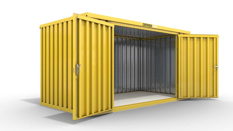 Lagercontainer Gerätehaus XXL  – 12 qm, H2150 x B6080 x T2170 mm, Außenwandlackierung RAL 1003 signalgelb, Dach außen verzinkt, mit Holzfußboden, 2750 mm Doppelflügeltür mittig in Breitseite, montiert