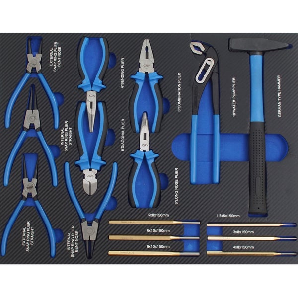 Profi Werkstattwagen Einlage blau Hammer, Zangen und Durchschläger 16 tlg. Schaum 520x400mm