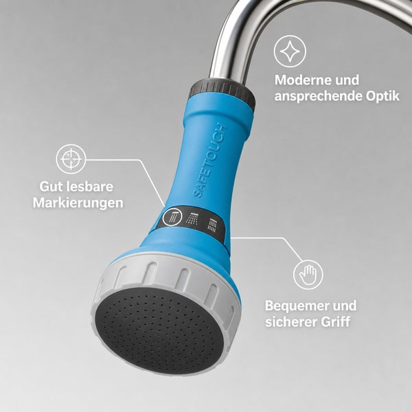 Gießstab-Brausekopf mit Safetouch-System, ergonomischem Griff, gut lesbaren Markierungen und moderner Optik für die Gartenbewässerung.