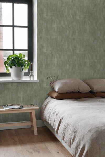 Schlafzimmer mit grüner Struktur Tapete, Bett und Fenster