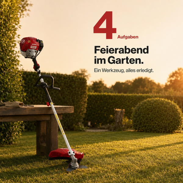 Benzin-Multifunktionsgerät von Hecht an einer Holzbank im Garten, Rasenfläche und Hecken im Hintergrund, geeignet für vier verschiedene Aufgaben.