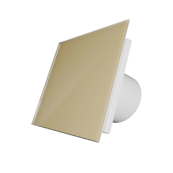 Quadratischer Kleinraumventilator mit goldfarbener Glasfront und weißem Gehäuse.