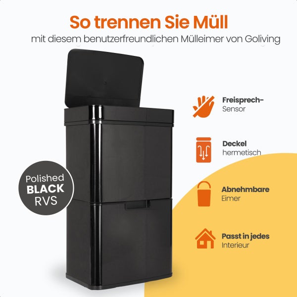Goliving Automatischer Mülleimer Abfalltrennung 64 Liter - Sensor-Abfalleimer - Hands-free sensor - Abfalleimer - Innenabfalleimer - Edelstahl - 40L + 2x12L + 8L - Schwarz