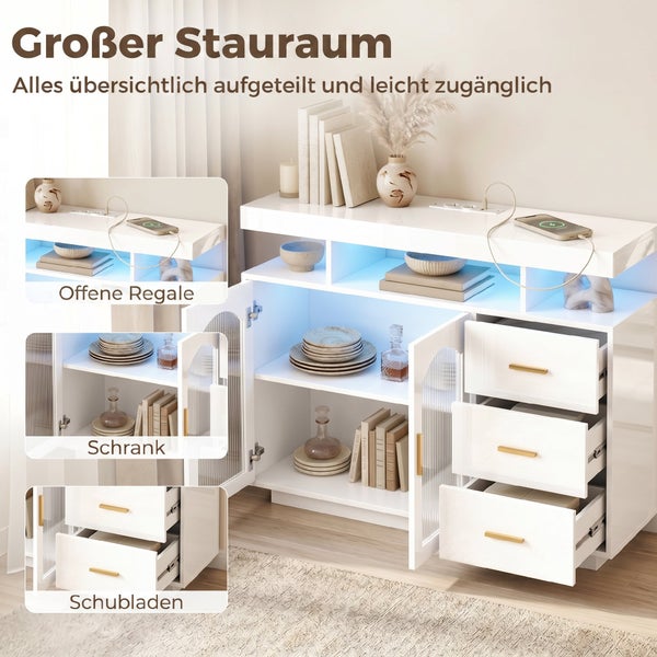 Modernes weißes Sideboard mit LED-Beleuchtung, drei Schubladen, Schranktüren mit Glaseinsatz und offenen Regalfächern für viel Stauraum.