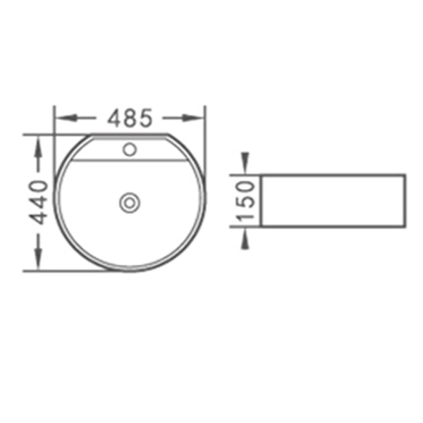 Technische Zeichnung eines runden Waschbeckens mit den Maßen Breite 485 Millimeter, Tiefe 440 Millimeter und Höhe 150 Millimeter.
