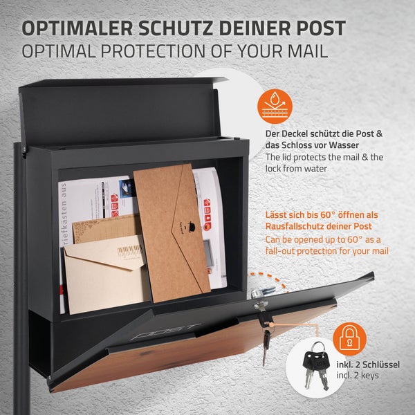 ECD Germany Standbriefkasten mit Zeitungsfach, Design Briefkasten mit Pfosten Briefkastenanlage, Briefkastenständer Anthrazit 120cm Edelstahl, Postkasten Anthrazit-Holzoptik Edelstahl pulverbechichtet