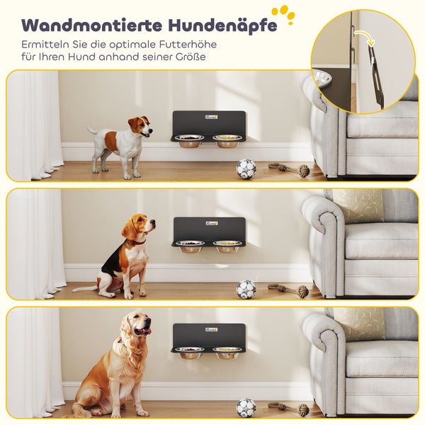 Wandmontierte Hundennäpfe aus Edelstahl in drei verschiedenen Höhen für kleine bis große Hunde in einem hellen Wohnzimmer.