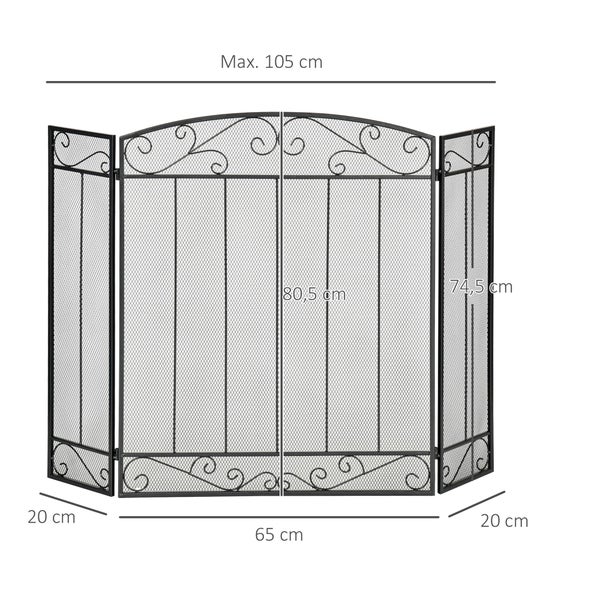 HOMCOM Kaminschutzgitter, Klappbares Kamingitter mit 3 Paneelen, Ofenschutzgitter, Funkenschutzgitter für Wohnzimmer, Stahl, 105 x 80,5 cm, Schwarz