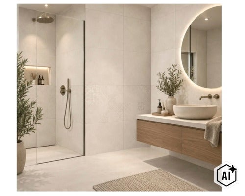 Modernes Badezimmer mit ebenerdiger Dusche, Waschtisch mit Aufsatzwaschbecken, holzfarbenem Unterschrank und beleuchtetem Rundspiegel.