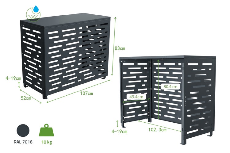 Außenabdeckung für Klimaanlage mit den Maßen 107 x 52 x 83 cm und einem Gewicht von 10 Kilogramm