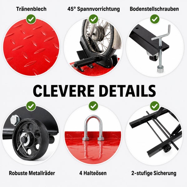 Produktdetails einer Motorradhebebühne mit Tränenblech, 45 Grad Spannvorrichtung, Bodenstellschrauben, Metallrädern, Halteösen und Sicherung.