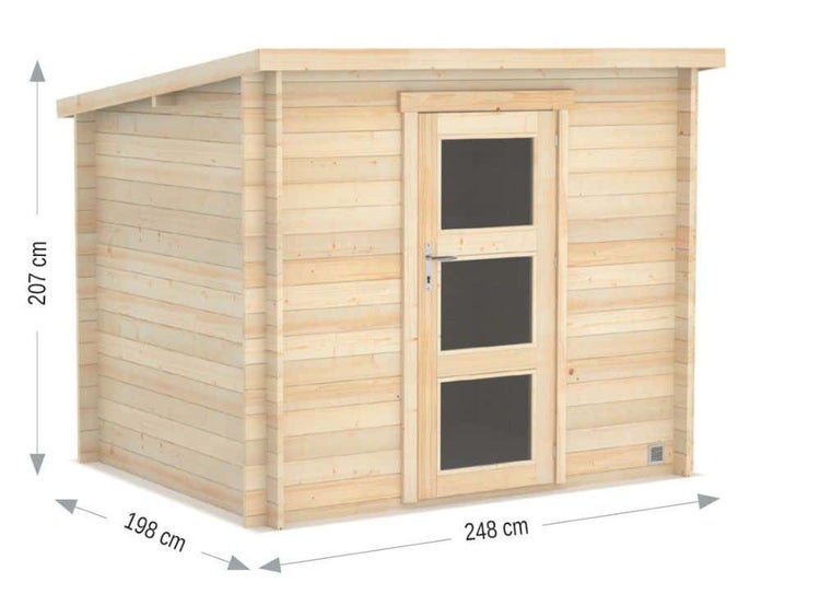 Gartenhaus aus Holz mit Pultdach, Einzeltür mit drei Lichtausschnitten, Breite 248 Zentimeter, Tiefe 198 Zentimeter, Höhe 207 Zentimeter.