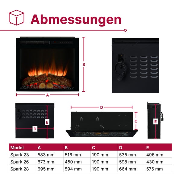 Abmessungen für elektrische Kamine Spark 23, 26 und 28. Technische Zeichnungen und Tabelle mit Angaben in Millimeter.