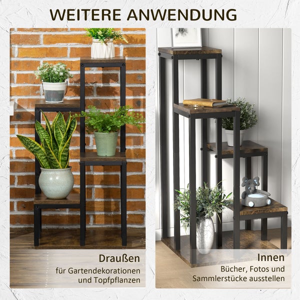 Mehrstöckiges Pflanzenregal aus Metall und Holz für den Innen- und Außenbereich, dekoriert mit Pflanzen, Büchern und Dekorationsartikeln.