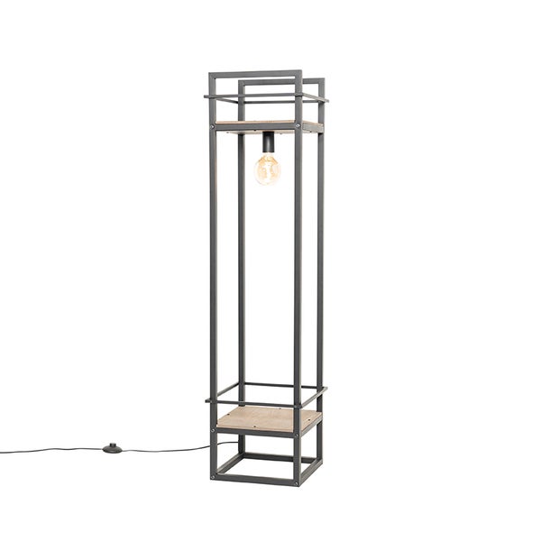 Moderne Stehlampe aus Metall mit Holzregalen und einer Glühbirne im Industriedesign für Wohnzimmer oder Schlafzimmer