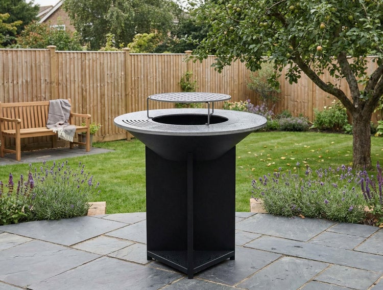 Moderne schwarze Feuerstelle mit Grillrost auf einer Steinterrasse in einem Garten mit Holzzaun und Holzbank.