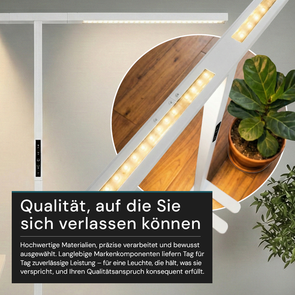 Nahaufnahme einer weißen LED Schreibtischleuchte mit Zimmerpflanzen auf einem Tisch