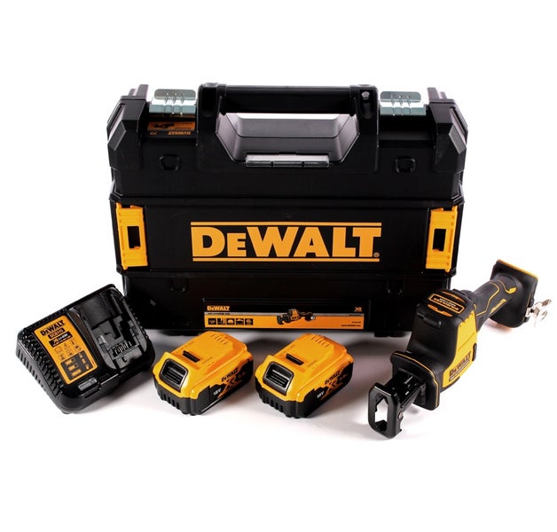 DeWalt Akku-Säbelsäge-Set mit zwei 18 Volt Akkus, Ladegerät und TSTAK Werkzeugkoffer.
