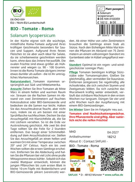 SAFLAX Geschenk Set - BIO - Tomate - Roma - Solanum lycopersicum - 15 Samen - Mit Geschenkbox, Versandaufkleber, Geschenkkarte und Anzuchtsubstrat