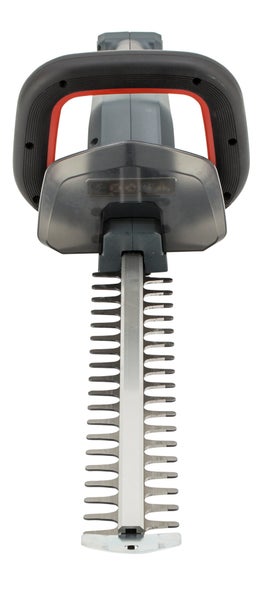 Heckenschere in der Vorderansicht mit doppelseitigem Schneidmesser, Handschutz und ergonomischem Griff in Schwarz, Grau und Rot.