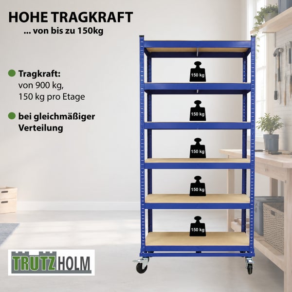 Trutzholm Schwerlastregal mit fuenf Boeden und Rollen, 900 kg Gesamttragkraft, 150 kg pro Boden bei gleichmaessiger Verteilung.