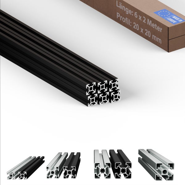 Schwarze Aluminiumprofile 20 x 20 mm mit Verpackung und Made in Europe Siegel