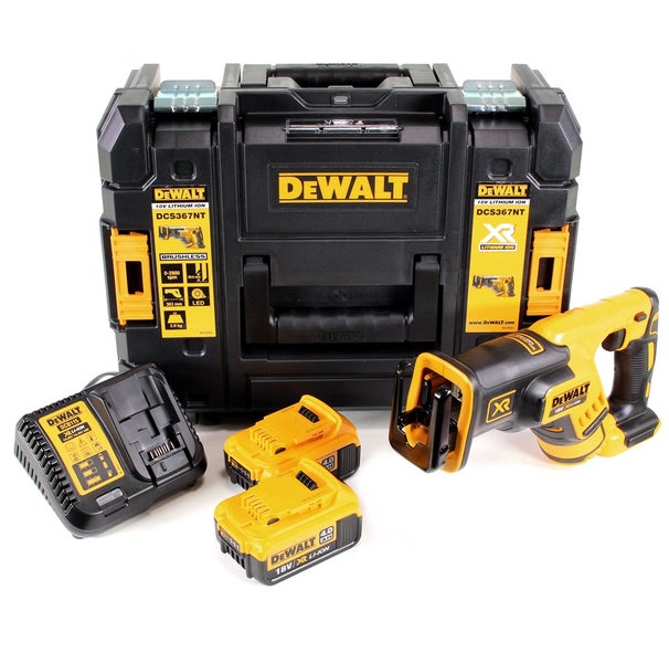 DeWalt Akku-Säbelsäge DCS367 mit zwei 18 Volt 4,0 Ah Akkus, Schnellladegerät und TSTAK Werkzeugkoffer.