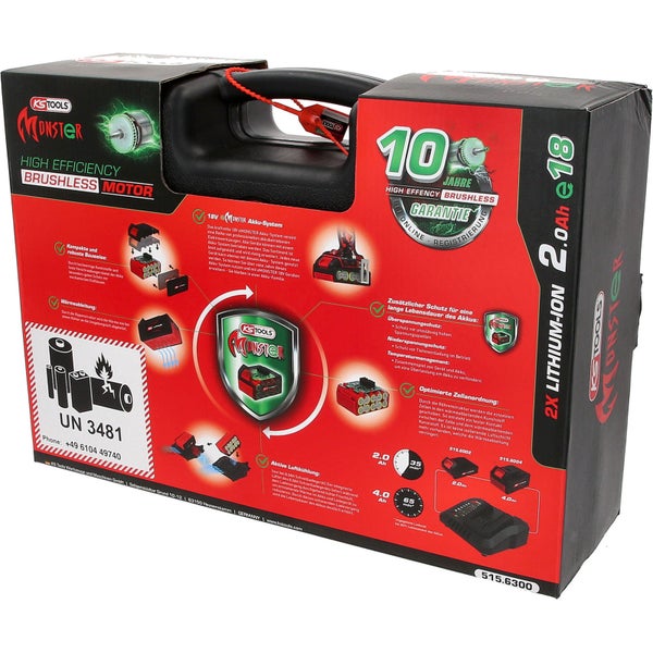 Verpackung eines KS Tools Monster Akku-Systems mit Informationen zu Produkteigenschaften und Vorteilen