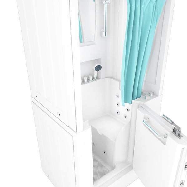 Seniorenbadewanne mit niedriger Einstiegstür, integriertem Sitz, Hydromassagedüsen und einem türkisfarbenen Duschvorhang.