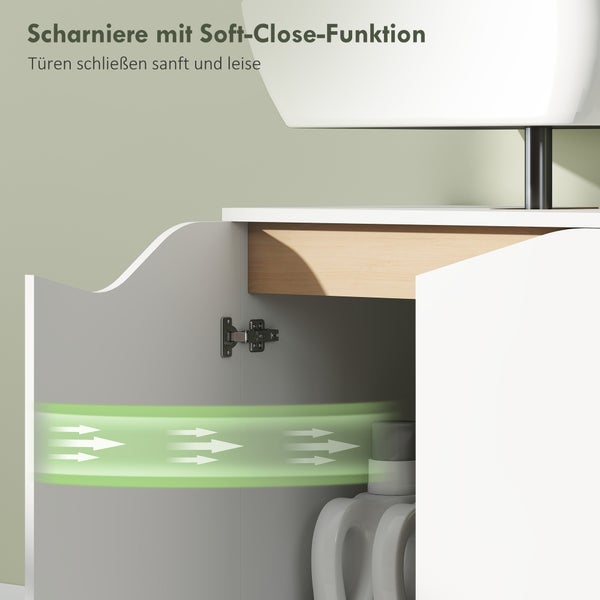 Badezimmer-Waschbeckenunterschrank mit Scharnieren inklusive Soft-Close-Funktion für sanftes und leises Schließen der Türen.