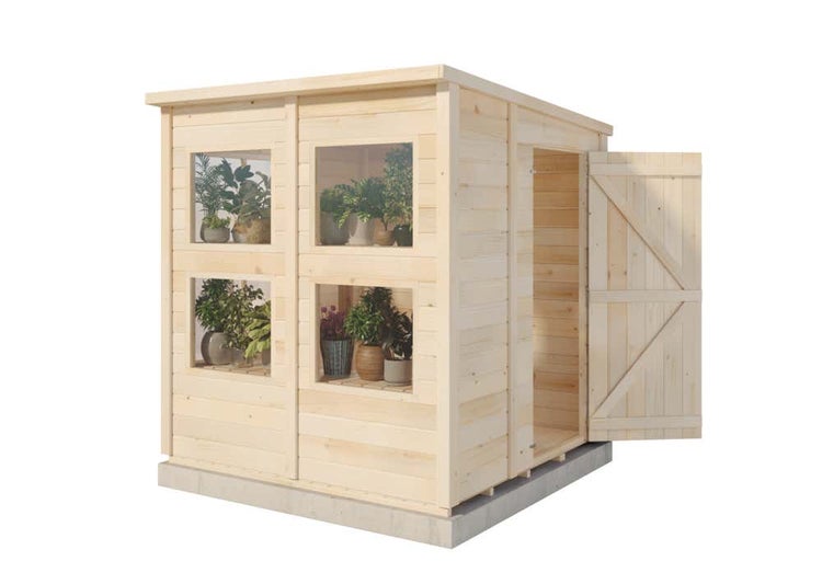 Gartenhaus aus hellem Holz mit Pultdach, integriertem Gewächshaus, vier Fenstern und einer geöffneten Seitentür.