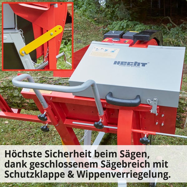 Brennholzsäge mit geschlossenem Sägebereich, Schutzklappe und Wippenverriegelung für hohe Sicherheit