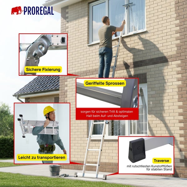Proregal Logo. Mehrzweckleiter beim Einsatz mit Details zu Gelenkfixierung, geriffelten Sprossen, Transport und Traverse mit rutschfesten Füßen.