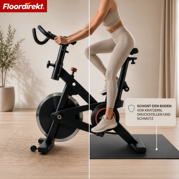 Bodenschutzmatte unter einem Heimtrainer zum Schutz vor Kratzern, Druckstellen und Schmutz im Vergleich. Floordirekt Logo.