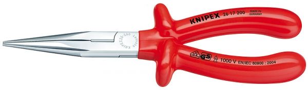 Knipex Flachrundzange 26 17 200 mit Schneide, VDE-geprüft bis 1000 Volt, verchromter Stahl mit isolierenden Kunststoffhüllen, Knipex Logo.
