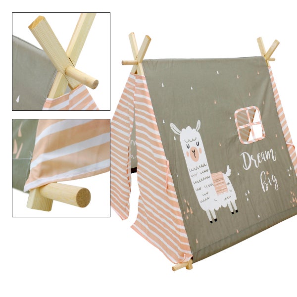 ECD Germany Tipi Spielzelt für Kinder 108x105x117 cm, Indianerzelt Warm-Grau mit Lama Motiv, drinnen/draußen, Teepee Kinderzelt mit 2 Türen und einem Fenster, Kinderzimmer Spielhaus für Mädchen/Jungen
