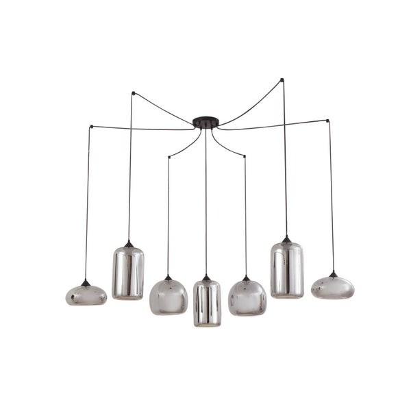 Moderne siebenflammige Pendelleuchte mit verschiedenförmigen Schirmen aus Rauchglas und schwarzen Kabeln